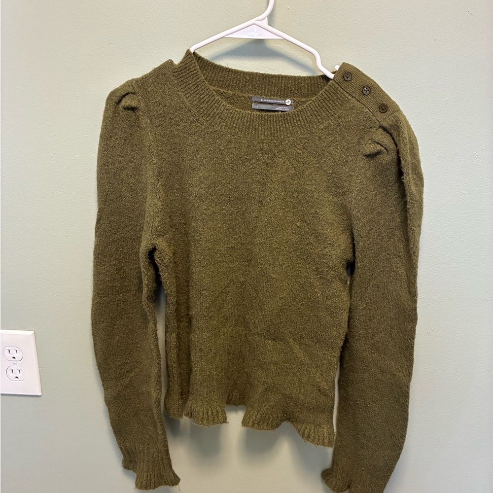 Anthropologie Moss Green Button-Shoulder Sweater